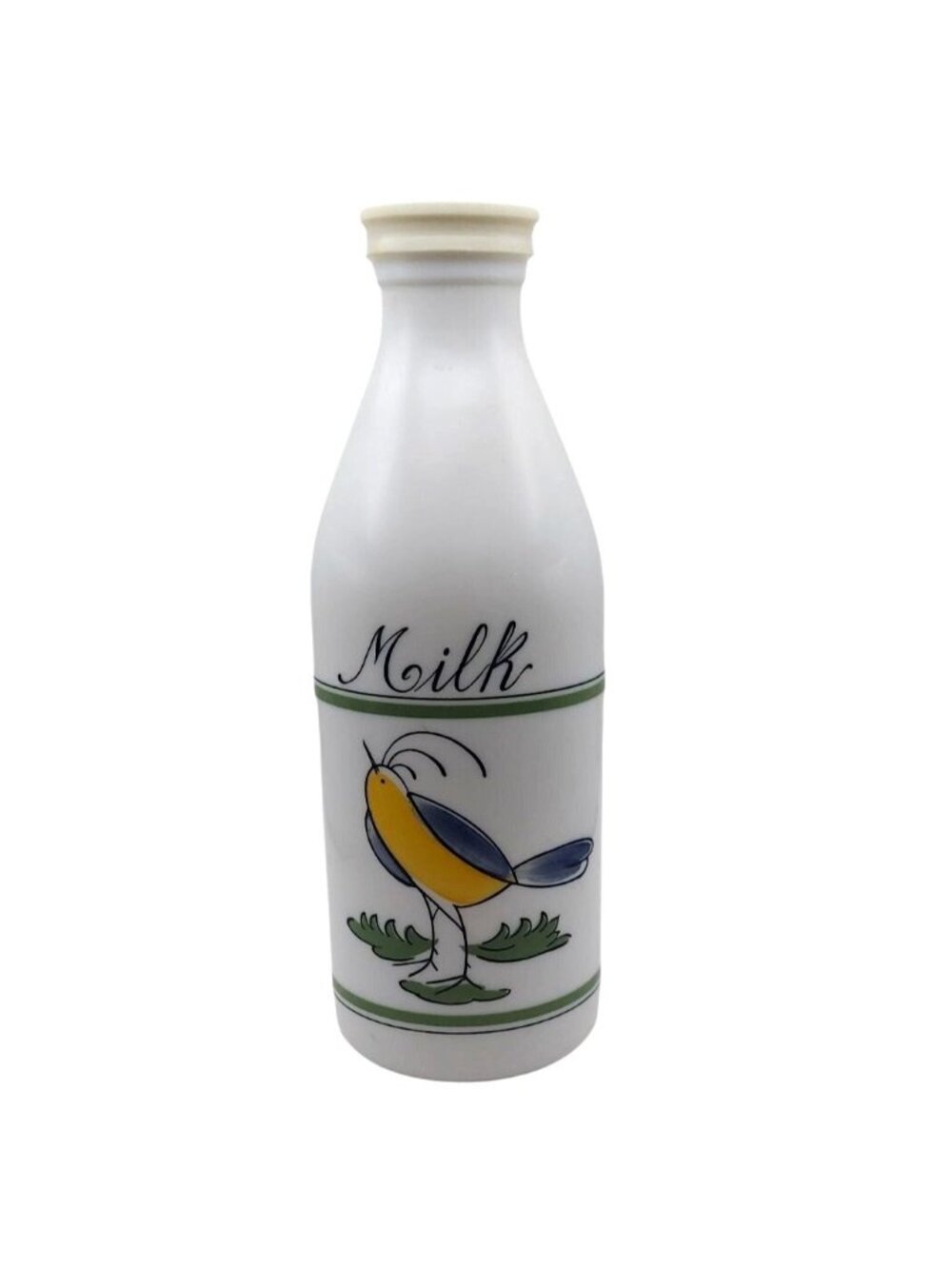Vintage Egizia Glass Milk Bottle Hand Painted Bird Rubber Cap Italy Farmhouse